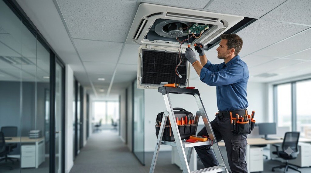 Cassette AC repair technician on a ladder